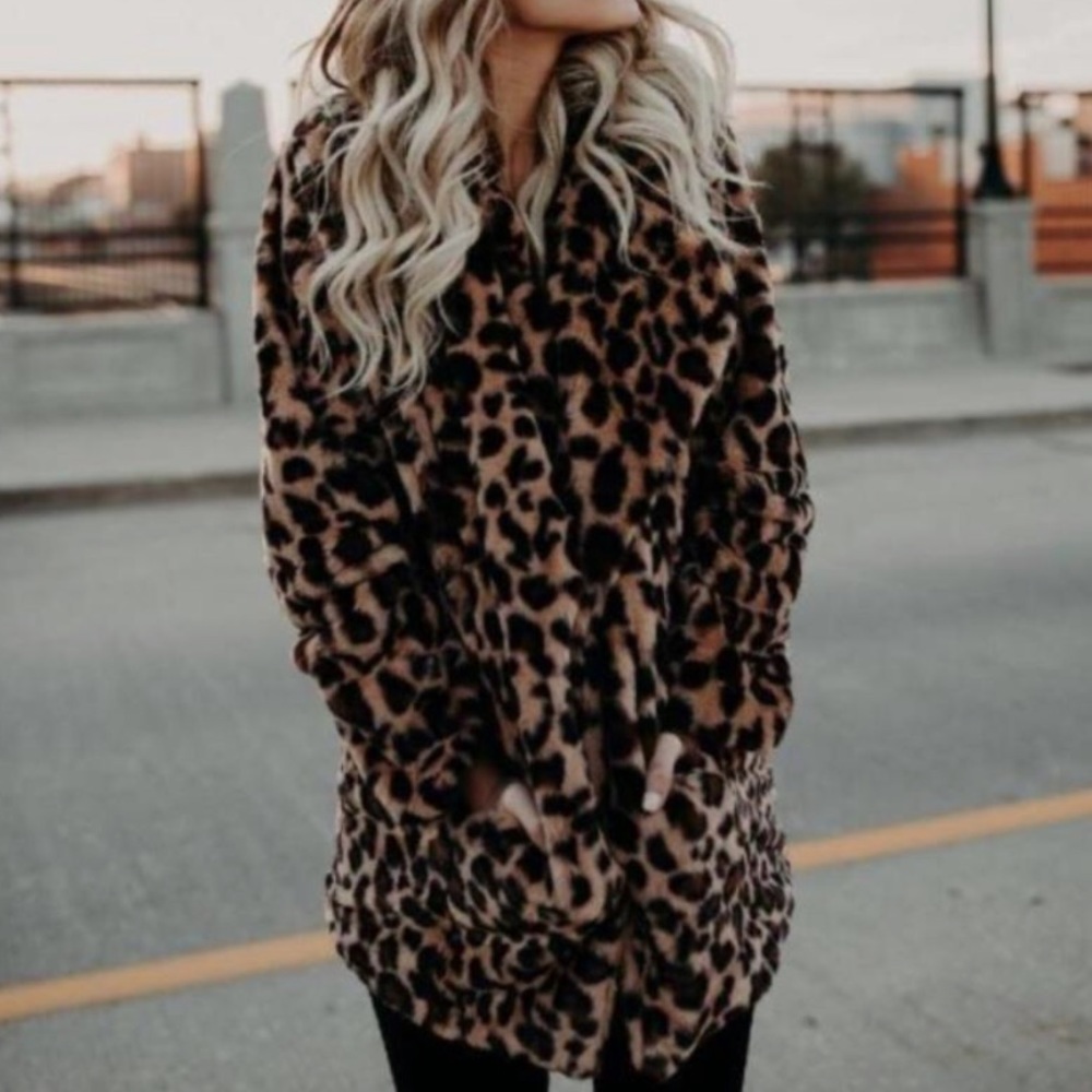 Leopard Print Pocket Coat Faux Fur Jacket - Picture 2 of 13